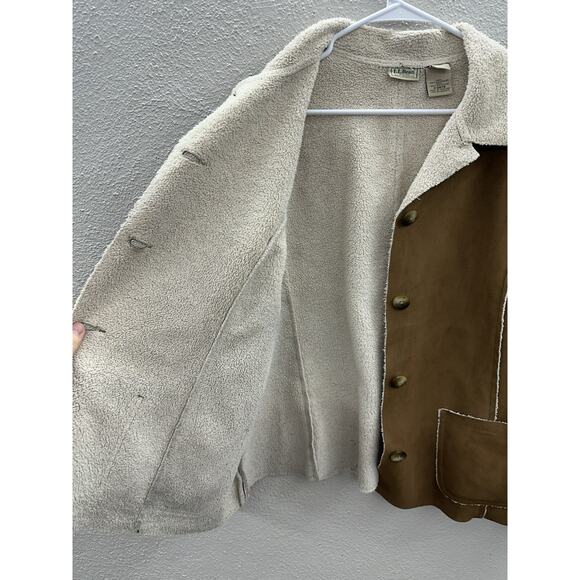 L.L. Bean Womens Jacket Size XL Petite Faux Suede Brown Button Up Sherpa Lined - Picture 7 of 15